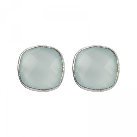 Silver Aqua Chalcedony Cushion Stud Earrings