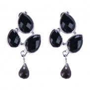 Silver Black Onyx & Smokey Quartz Clustered Earrings